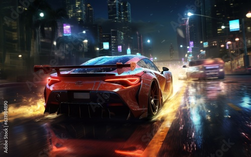 sports car racing in the night metropolis.