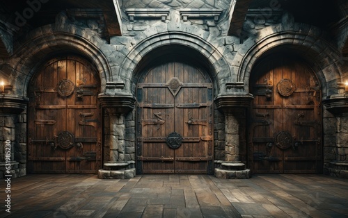 Wooden doors in medieval castle.