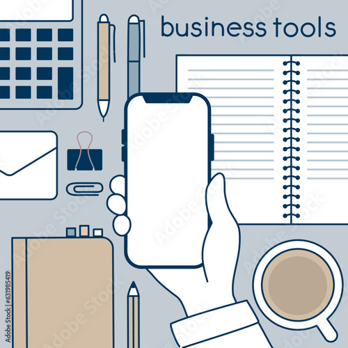 ビジネスツール俯瞰のイラスト_線画