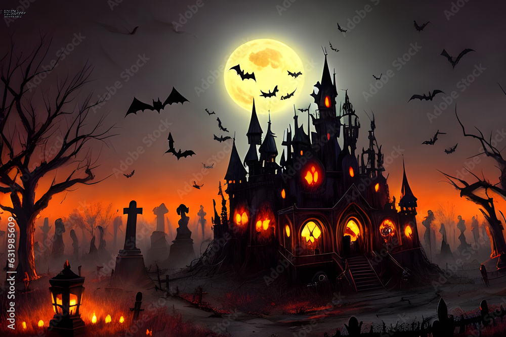Halloween background with cemetery, castle and bats . Generative AI
