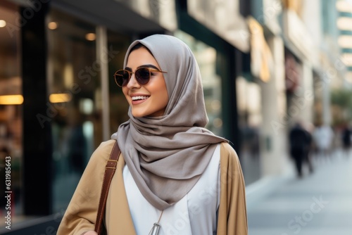 beautiful wealthy Arab woman wearing a hijab shopping around in downtown photo