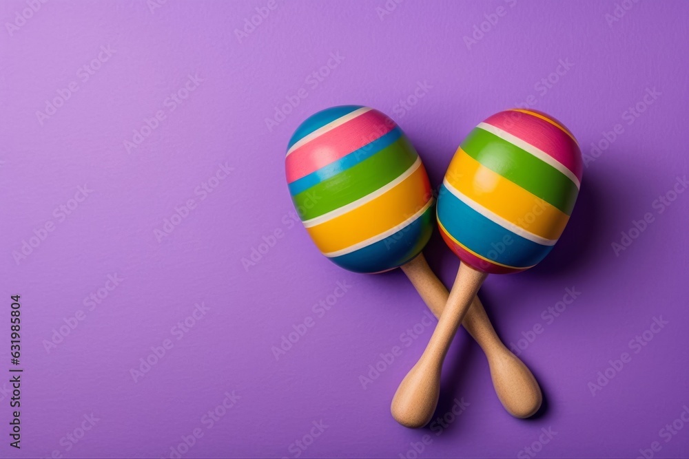 Top close up view photo of two striped colorful maracas on violet background with copy space, Generative AI Top close up view photo of two striped colorful maracas on violet background with copy space, Generative AI
