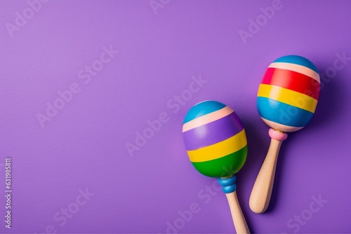 Top close up view photo of two striped colorful maracas on violet background with copy space, Generative AI