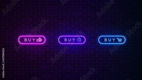 Buy neon button icon set. Buy glowing sign. Vector illustration