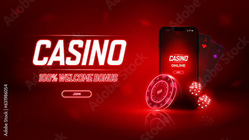 Casino online web banner. Glowing Poker Chips and Dice with mobile. Vector illustration