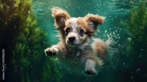Cute Dog swimming underwater