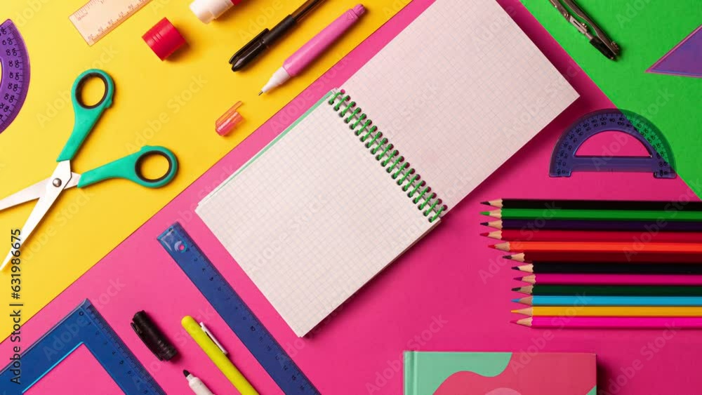 Stopmotion animation of composition of multi-colored stationery items laid out on the table. office, school FLAT LAY pink, yellow, green background. Copy space notebook. 4k footage, video, motion, spl Stopmotion animation of composition of multi-colored stationery items laid out on the table. office, school FLAT LAY pink, yellow, green background. Copy space notebook. 4k footage, video, motion, spl