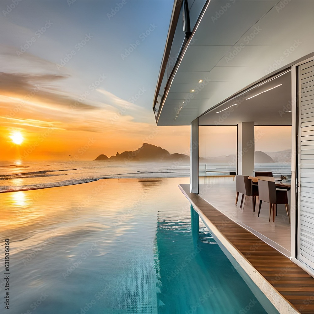 Fototapeta premium Aesthetic and elegant classic house with panoramic morning