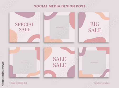 Set of Editable Cute Social Media Instagram Design Post Template Decorated with Blob Memphis Purple Pastel Frame Background. Suitable for Post, Advertising, Branding Product Beauty, Fashion, Cosmetic
