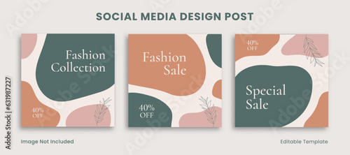Set of Editable Aesthetic Social Media Design Instagram Post Decorated with Blob and Floral Object. Suitable for Advertising, Personal Post, Branding Product Beauty, Fashion, Feminine