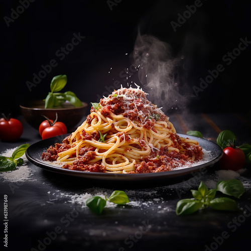 Delicious Spaghetti Bolognese with Tomato Sauce, Basil and Parmesan Cheese