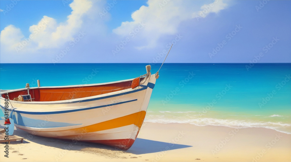 Boat on Beach oil painting wallpaper background landscape boating wallpaper by Generative AI