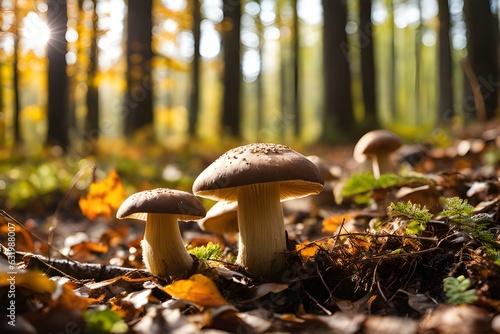 Captivating edible cep mushrooms spotted in a sunlit autumn forest