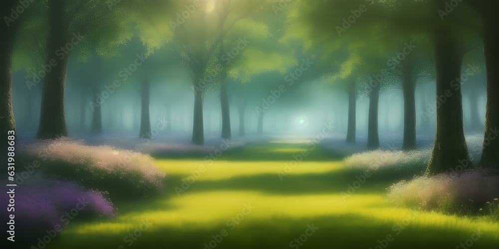Naklejka premium Photo of a peaceful forest path leading through a vibrant and lush landscape