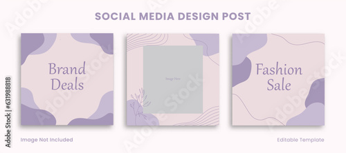 Set of 3 Editable Social Media Instagram Design Post Template Decorated with Purple Pastel and Floral Object. Suitable For Advertising, Promotion, Presentation, Seling Product Beauty Fashion, Cosmetic