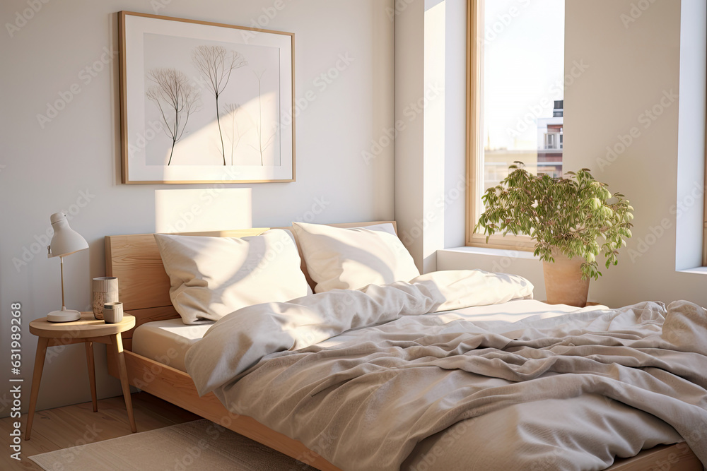 Cozy beige of modern interior bedroom design, decorate with luxury large bed, vase and glass window with natural light cast and shadow, with Generative Ai