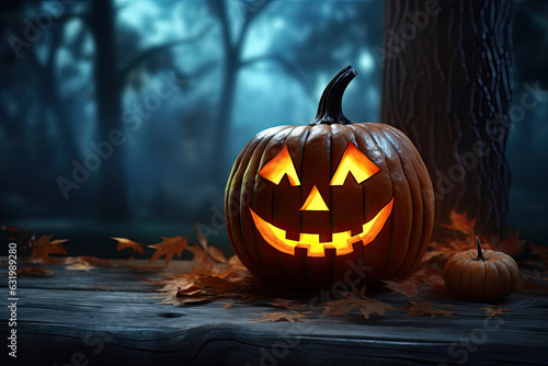 Halloween festive background for invitation card party with pumpkins Jack O lantern, spooky forest at night, bat, spiders and moon, Ghost day festival concept, with Generative Ai.