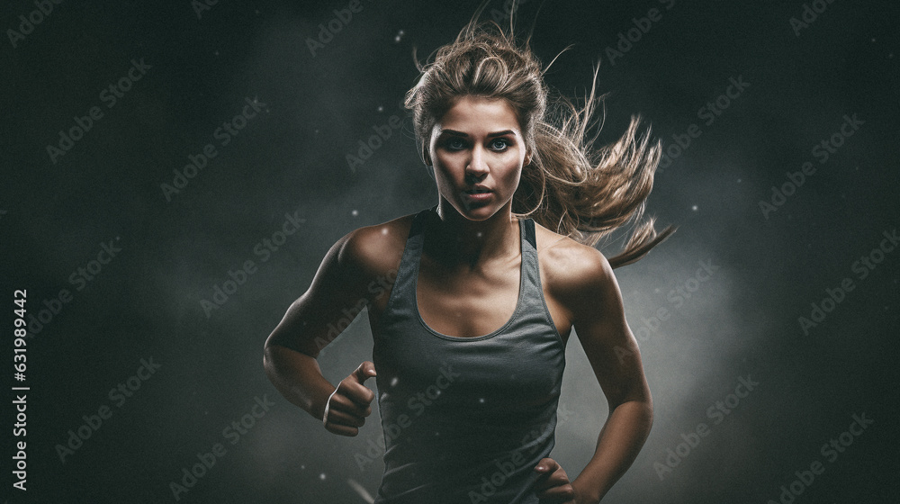 A young female sports star running in a dark background