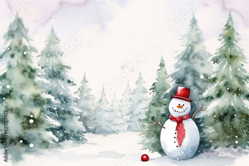 Watercolor Christmas card design with snowman and red Christmas balls © Veniamin Kraskov