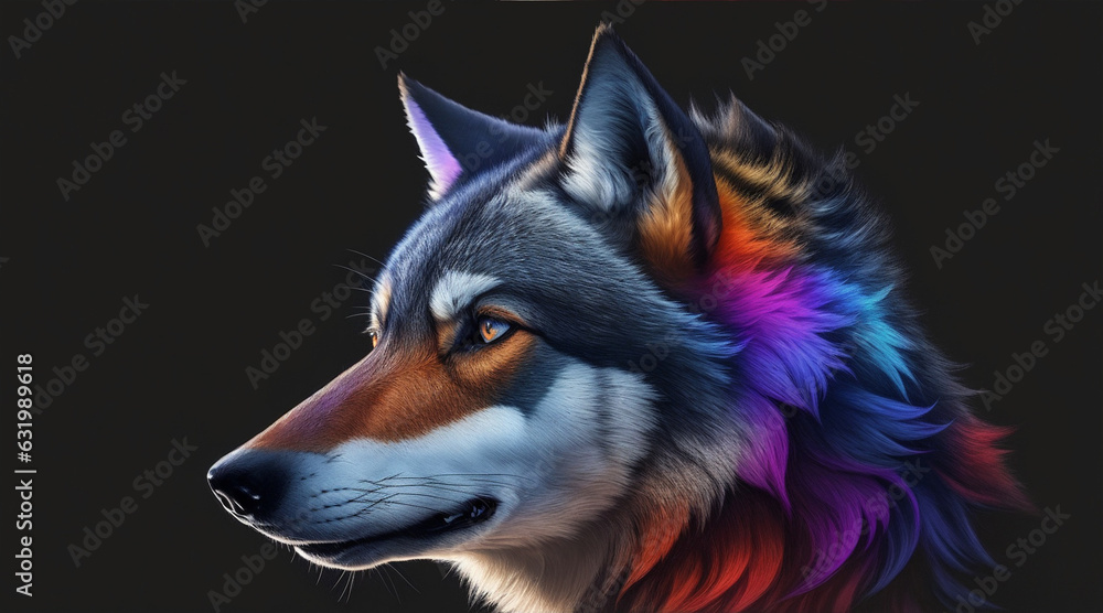 A colorful wolf with a black background by Generative AI A colorful wolf with a black background by Generative AI