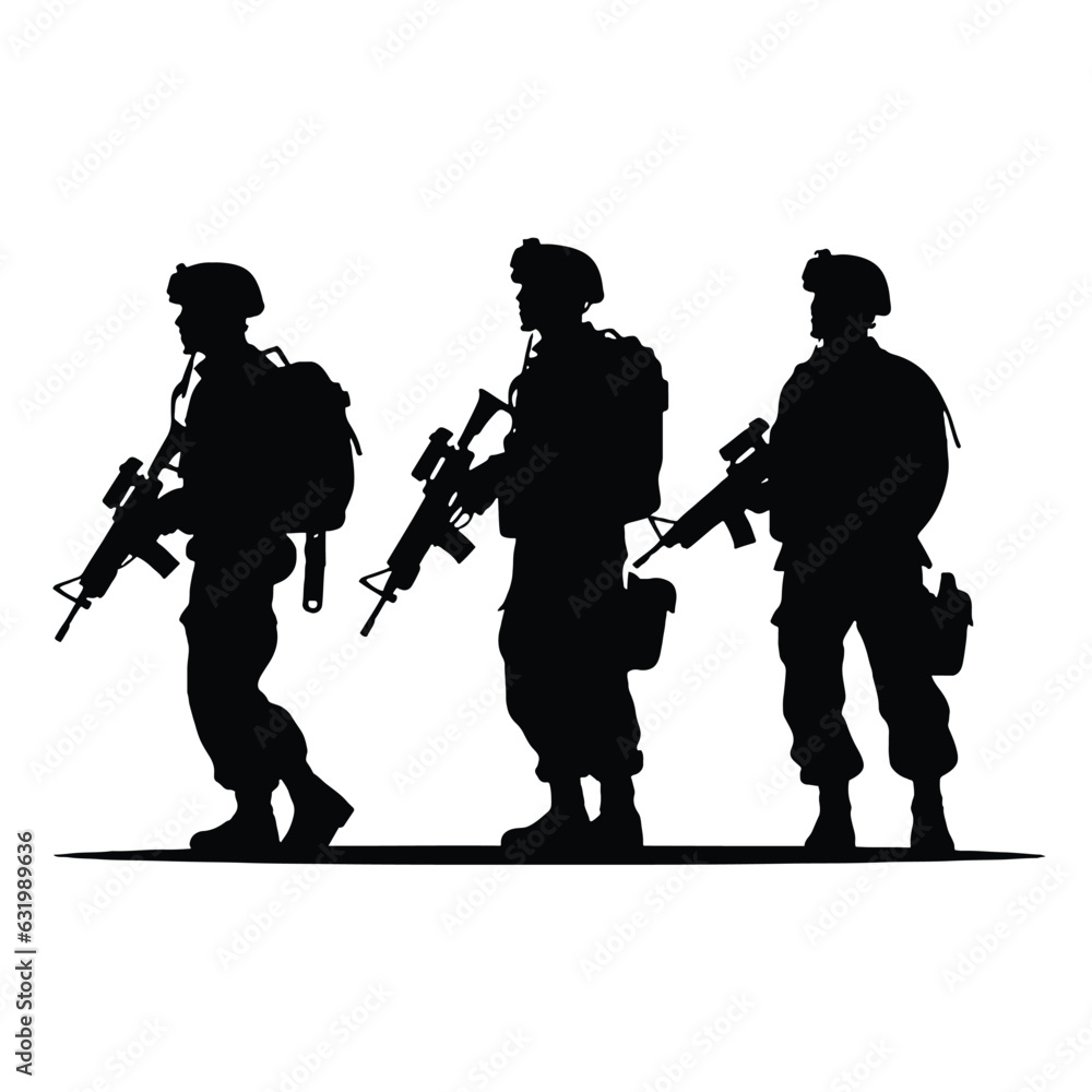 Obraz premium Silhouettes of three soldiers fighting as a team, editable vector isolated 