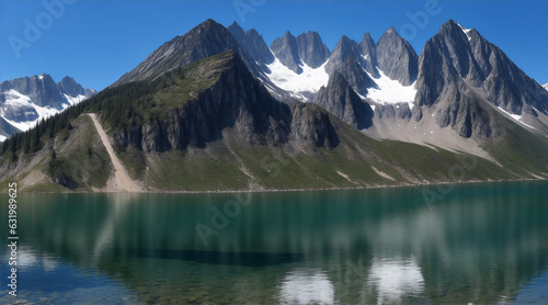 A mountain lake with mountains in the background by Generative AI © BornHappy