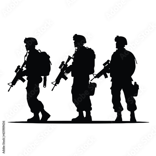 Silhouettes of three soldiers fighting as a team, editable vector isolated 