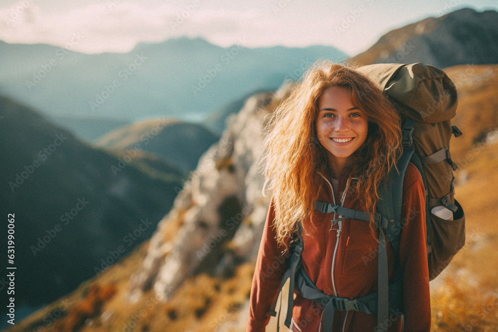 Young girl walking on mountain top with backpack smiling towards the camera Young girl walking on mountain top with backpack smiling towards the camera