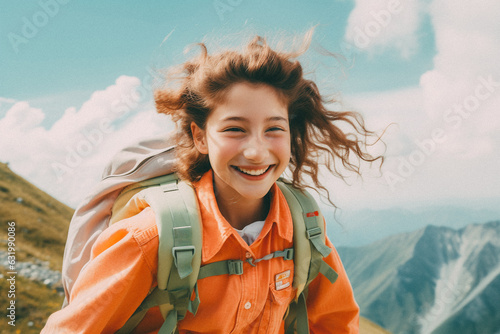 Young girl walking on mountain top with backpack smiling towards the camera