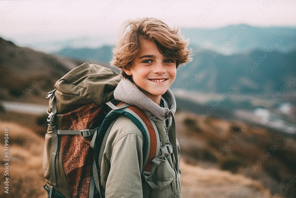 Young boy walking on mountain top with backpack smiling towards the camera