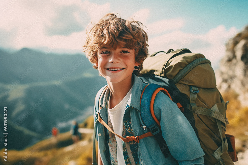 Young boy walking on mountain top with backpack smiling towards the camera Young boy walking on mountain top with backpack smiling towards the camera