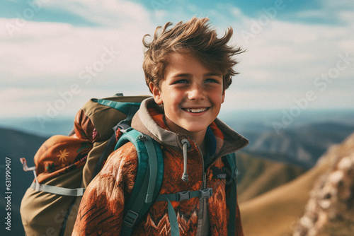 Young boy walking on mountain top with backpack smiling towards the camera