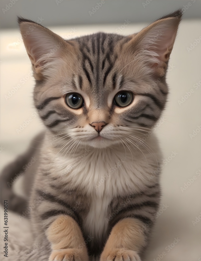 beautiful cute Kitten with white neck and black stripes and fur - Cute cat pet - cat portrait - Ai
