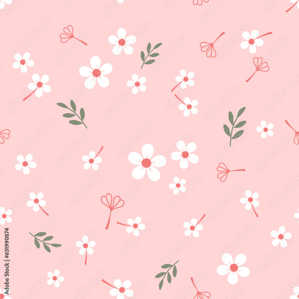 Seamless pattern with cute flower and branch on pink background vector illustration. Cute floral print.
