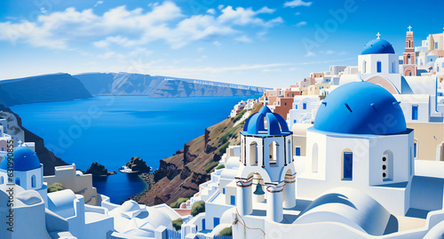 White Greek village overlooking the blue sea in a generic Greek island of Cyclades