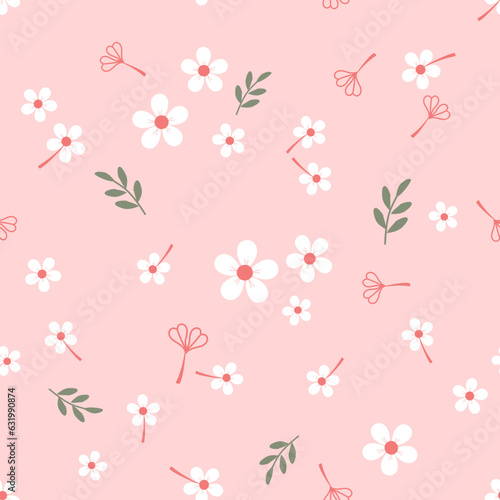 Seamless pattern with cute flower and branch on pink background vector illustration. Cute floral print.
