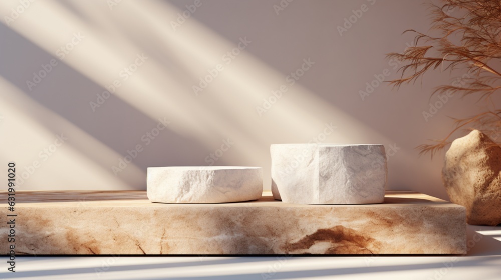 White pieces of stone slabs forming a product podium for product display. Mock-up for exhibitions or presentation of cosmetic products or packaging White pieces of stone slabs forming a product podium for product display. Mock-up for exhibitions or presentation of cosmetic products or packaging