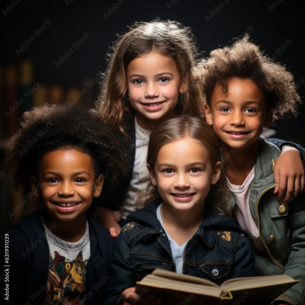 Portrait of different races of children, kids smiling, dark background