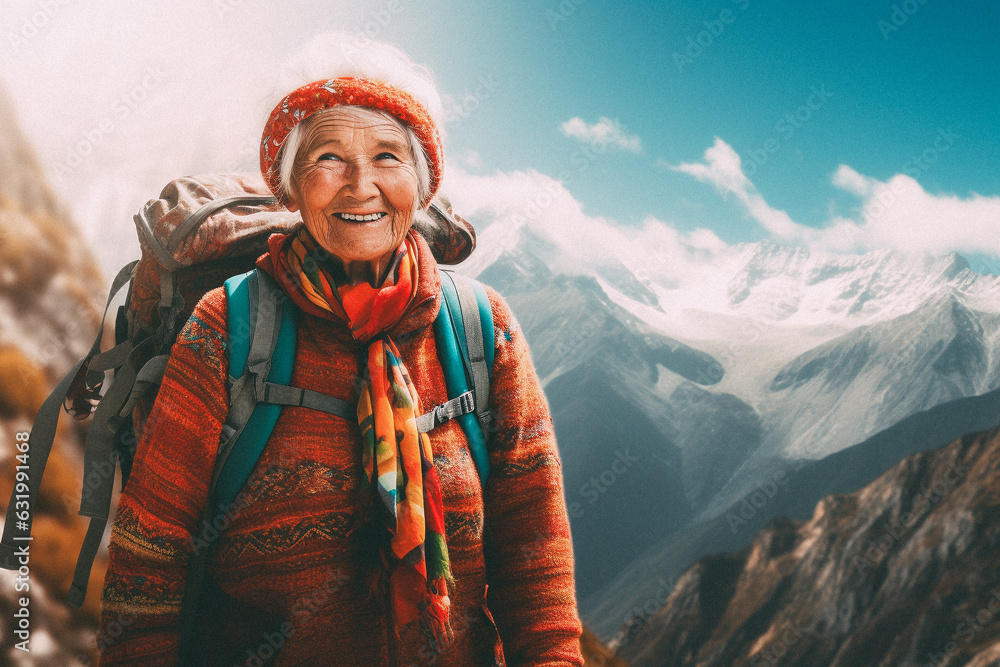 Old woman walking on mountain top Old woman walking on mountain top
