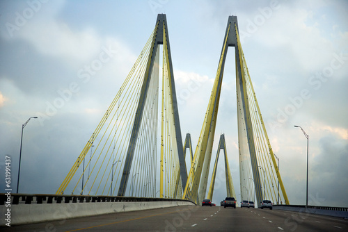 Large yellow cable-stayed bridge near Baytown Texas USA