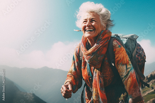 Old woman walking on mountain top