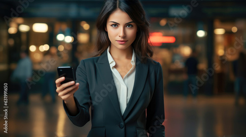 person in the night city. woman using smartphone on urban street backgound.