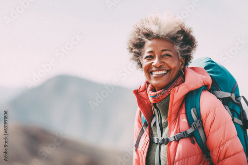 Old black woman walking on mountain top