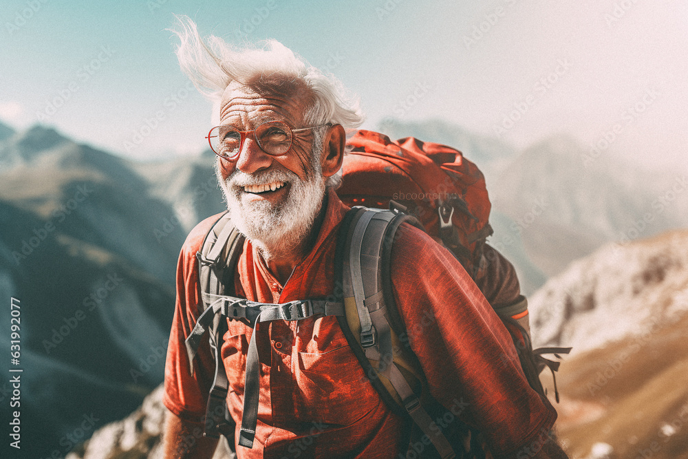 Old man walking on mountain top Old man walking on mountain top
