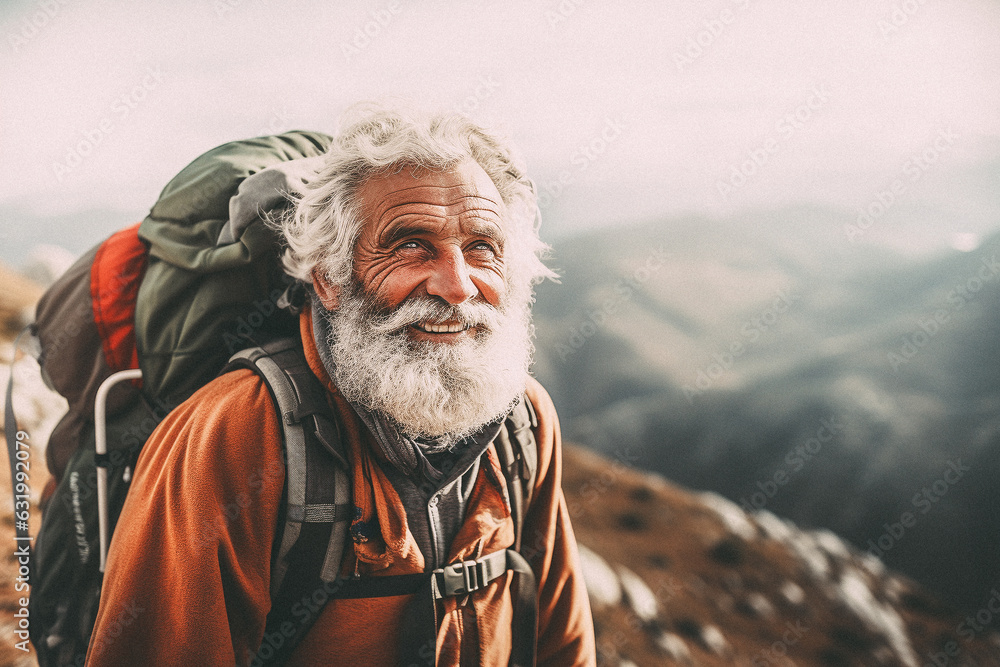 Old man walking on mountain top Old man walking on mountain top
