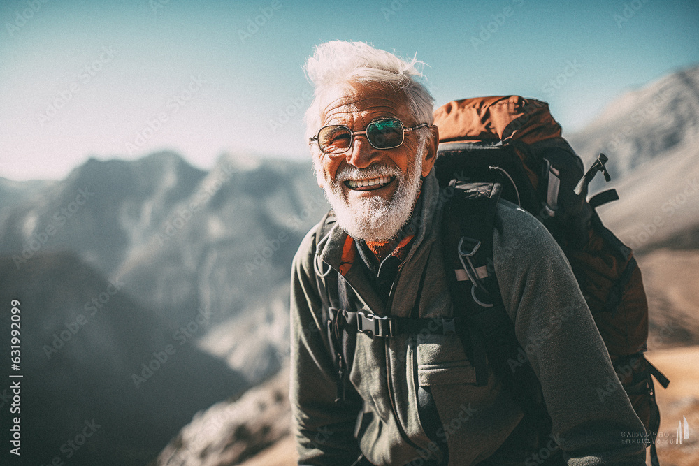 Old man walking on mountain top