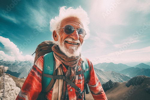 Old man walking on mountain top