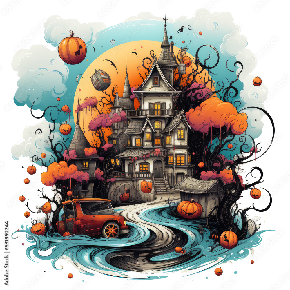 A whimsical Halloween haunted house t-shirt design in a whimsical circus setting, with the haunted house, Generative Ai
