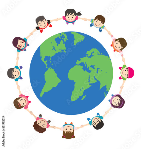 上から見た手を繋ぎ地球を中心に円陣を組む子供、小学生たちの俯瞰イラスト　