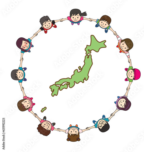 上から見た手を繋ぎ日本列島を中心に円陣を組む子供、小学生たちの俯瞰イラスト　主線あり　